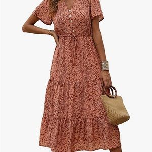 Women’s Size 2xl Short Sleeve Leopard Print V Neck Tiered Maxi Dress